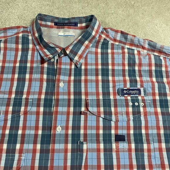 Columbia PFG Super Bonehead Shirt Mens 2XL Red Blue Plaid Fishing Vented Back - Picture 3 of 8